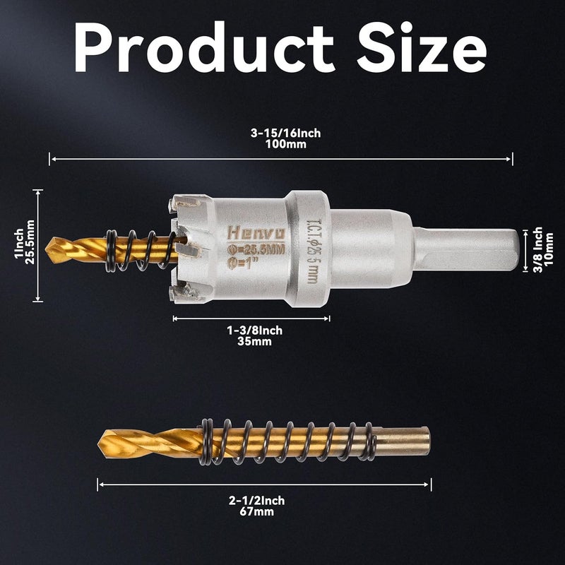 Henvo Hole Saw 1" (25.5mm) Heavy Duty Carbide with 2 Pilot Drill Bits - Metal Hole Cutter Cuts Stainless Steel, Iron, Copper, Brass, Plastic - Image 2